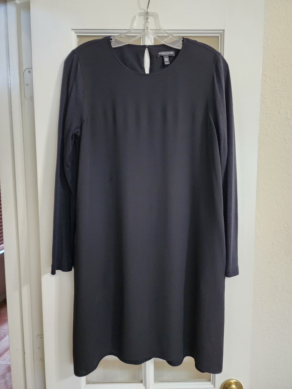 Eileen Fisher Petite Black Washable Silk Jersey Long Sleeve Shift Dress PS